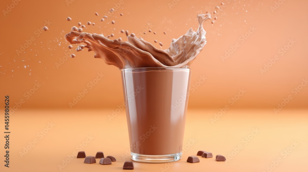 A glass of chocolate milk splashes with droplets and chocolate pieces scattered on an orange background.