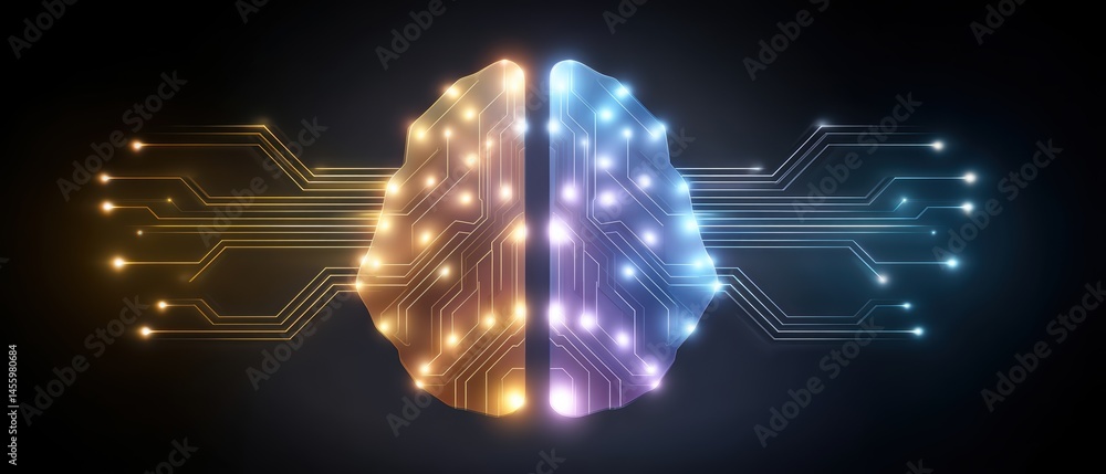 A glowing digital brain with circuitry on a dark background, symbolizing artificial intelligence and technology integration.