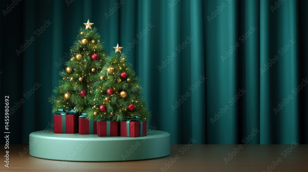 Two decorated Christmas trees with gifts underneath stand on a round platform against a teal curtain backdrop.