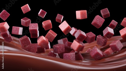 Red gummy cubes are suspended above a flowing wave of chocolate, creating a dynamic and appetizing visual.