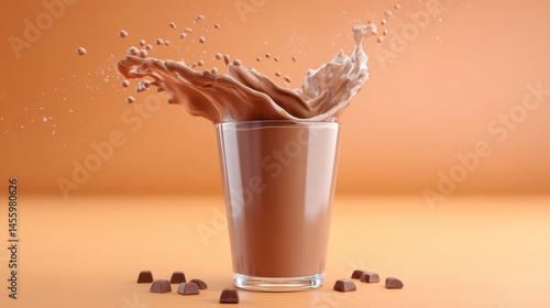 A glass of chocolate milk splashes with droplets and chocolate pieces scattered on an orange background.