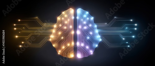 Obraz na płótnie A glowing digital brain with circuitry on a dark background, symbolizing artificial intelligence and technology integration. w salonie