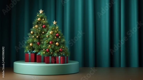 Obraz na płótnie Two decorated Christmas trees with gifts underneath stand on a round platform against a teal curtain backdrop. w salonie