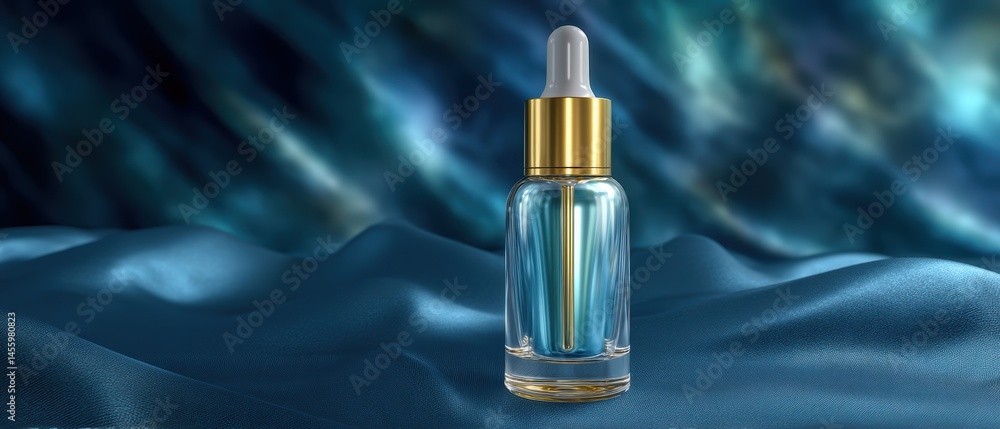 A luxurious glass dropper bottle with a gold cap is displayed on elegant blue fabric with a glowing, abstract background.