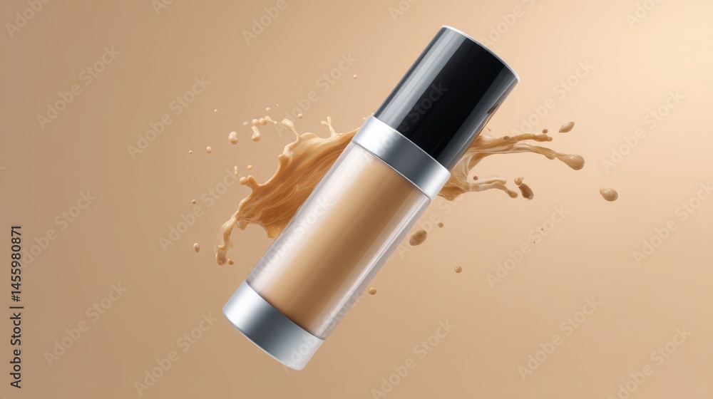 Liquid foundation bottle with a splash background on a beige surface, highlighting cosmetic beauty and skincare.