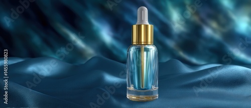 Obraz na płótnie A luxurious glass dropper bottle with a gold cap is displayed on elegant blue fabric with a glowing, abstract background. w salonie