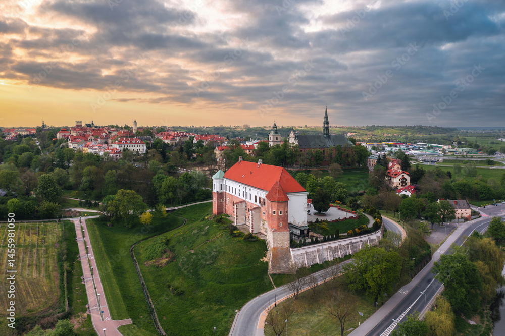 Summer skyline cityscape of Sandomierz, Świętokrzyskie, Poland. Wide panoramic aerial view at sunset
