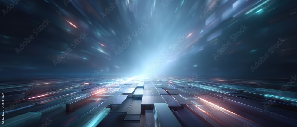Futuristic digital landscape with glowing lines and geometric shapes converging toward a radiant vanishing point.