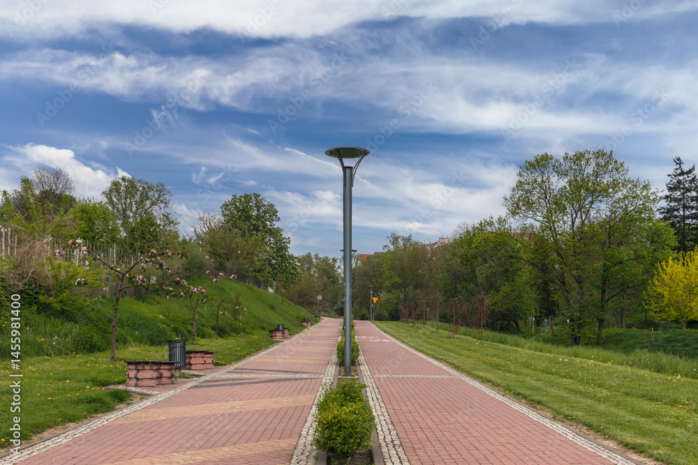 Summer cityscape of Sandomierz, Świętokrzyskie, Poland: Wąwóz św. Jacka Odrowąża street, Podwale Dolne park