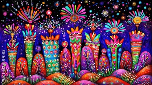 Wallpaper Mural Vibrant whimsical creatures amidst a starlit realm abstract art illustration creating a magical otherworldly atmosphere and colorful imagination Torontodigital.ca