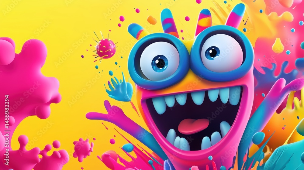 Obraz premium Colorful cartoon monster character with vibrant splashes and playful expression