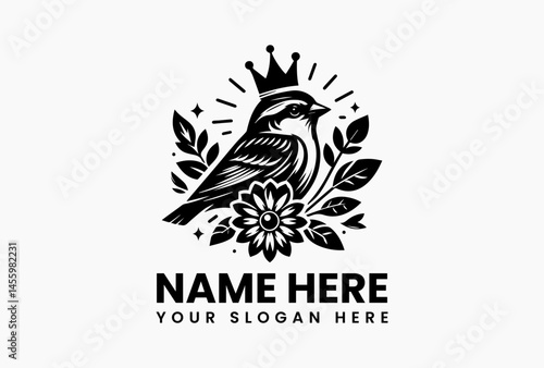 Antique sparrow perched on a rose-wrapped crown, vintage vector emblem for tea houses and stationery  