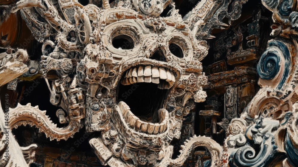 Fototapeta premium Ancient stone sculpted grotesque face detailed architecture captivating temple carving artistic legacy eternal heritage spiritual sculpture