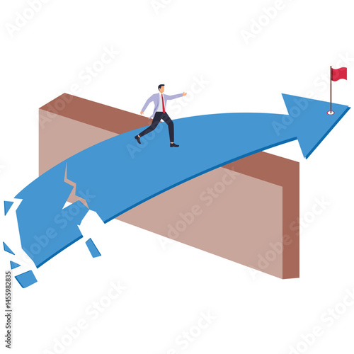Ruined, business or career path collapses with no way back, investment loses money, economy, business or stock market collapses, businessman runs on progressively broken arrows