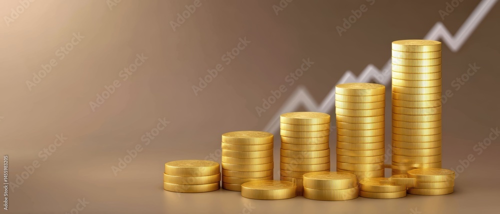 Stacks of gold coins increase in height, symbolizing financial growth with an upward graph in the background.