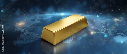 Obraz na płótnie A single gold bar rests on a digital world map, symbolizing global wealth and financial markets. w salonie