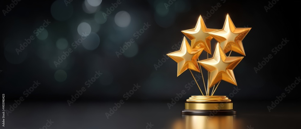 A golden trophy with four stars stands on a dark reflective surface, symbolizing achievement and excellence.
