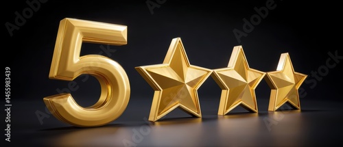 Obraz na płótnie A large golden number 5 with three golden stars on a dark background, symbolizing a high rating or premium quality. w salonie