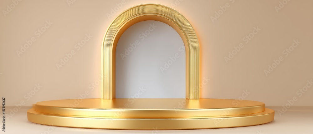 A golden podium with an arched backdrop stands on a minimalist beige background, illuminated with soft, warm lighting.