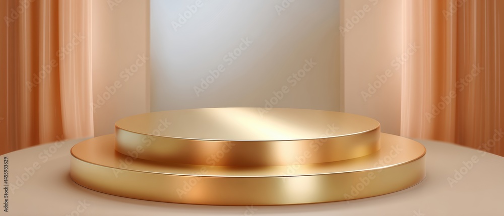 A sleek, golden podium with soft lighting and elegant drapery, ideal for showcasing products or awards.