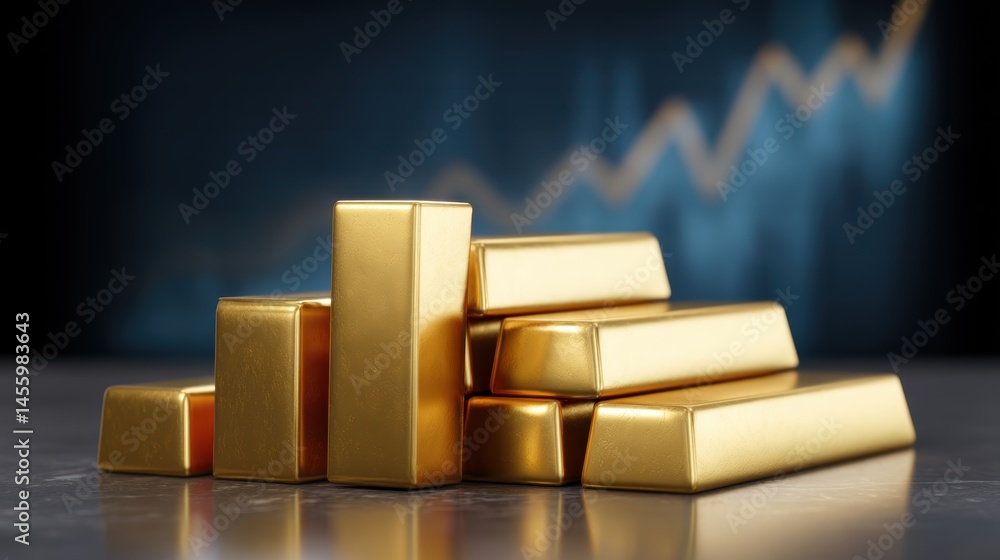 Stacked gold bars with a rising financial chart in the background symbolize wealth, investment, and economic growth.