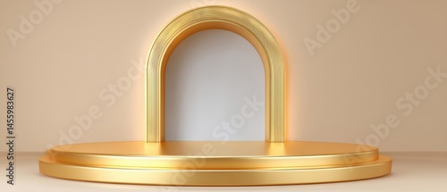 Obraz na płótnie A golden podium with an arched backdrop stands on a minimalist beige background, illuminated with soft, warm lighting. w salonie