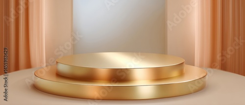 Obraz na płótnie A sleek, golden podium with soft lighting and elegant drapery, ideal for showcasing products or awards. w salonie