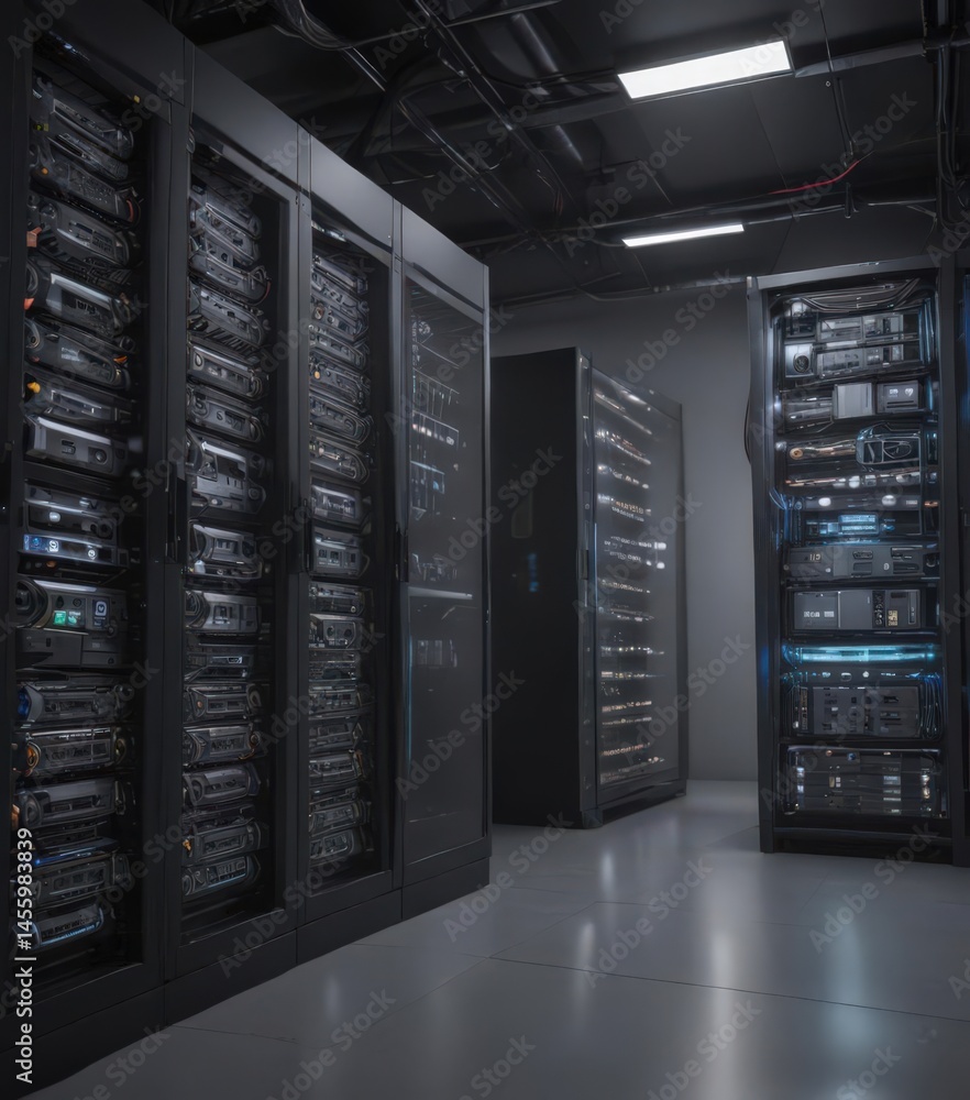 Brightly lit server room with complex network cabling, server, cybersecurity Brightly lit server room with complex network cabling, server, cybersecurity