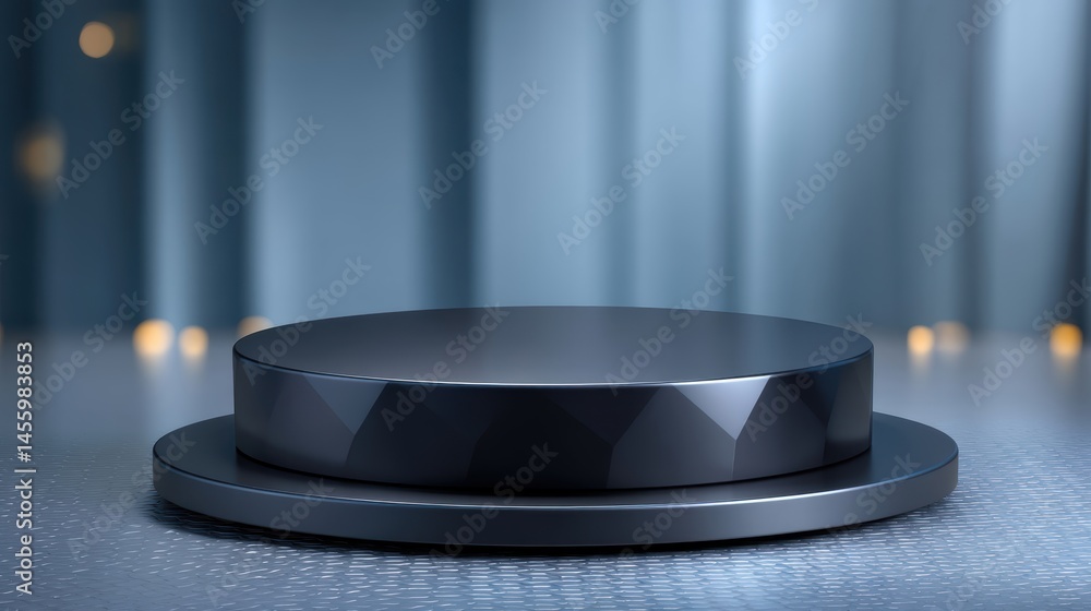 A sleek, empty black podium stands on a textured surface with a blurred blue background and soft lights.