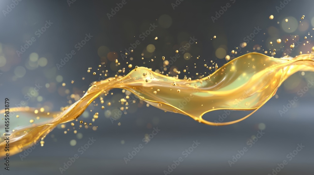 A golden liquid splash captured mid-air with shimmering droplets and a smooth, flowing background.