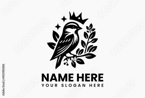 Antique sparrow perched on a rose-wrapped crown, vintage vector emblem for tea houses and stationery  