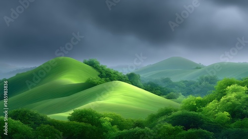 Obraz na płótnie Rolling green hills and lush forests under a dramatic cloudy sky, bathed in soft sunlight. w salonie