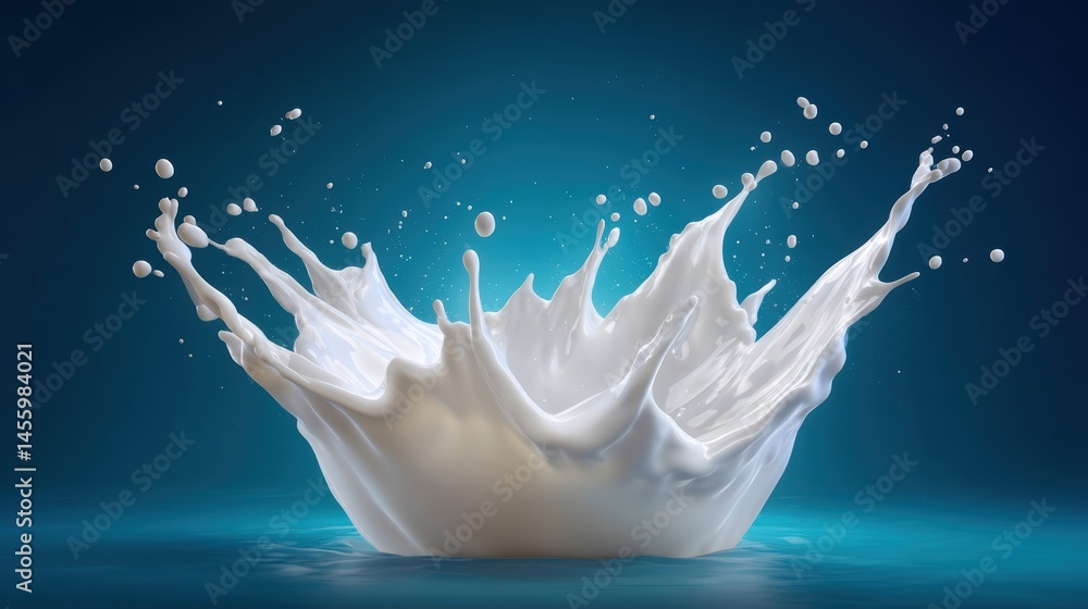 A splash of white liquid, resembling milk, creates an artistic crown shape against a blue background.