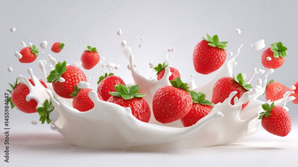 Fresh strawberries splash into creamy white milk, creating a vibrant and dynamic scene of fruit and dairy.