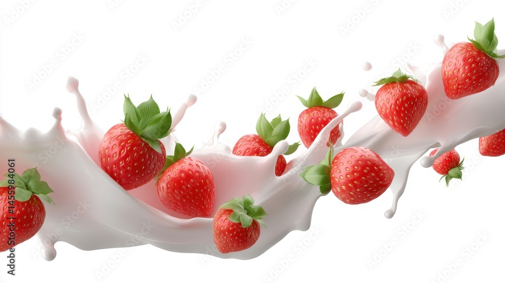 Fresh strawberries splash into creamy milk, creating a dynamic and appetizing scene on a white background.