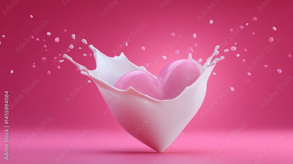 A pink heart splashes into white liquid, creating droplets against a vibrant pink background.