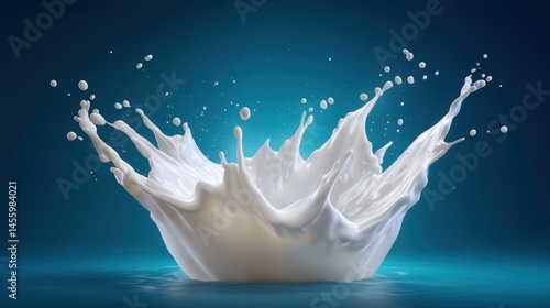 A splash of white liquid, resembling milk, creates an artistic crown shape against a blue background.