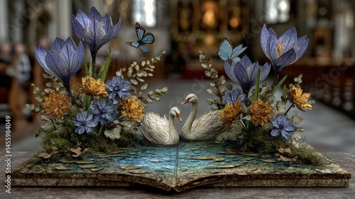 Fototapeta Naklejka Na Ścianę i Meble -  paper swan couple in blooming spring book art