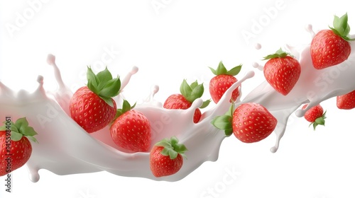 Obraz na płótnie Fresh strawberries splash into creamy milk, creating a dynamic and appetizing scene on a white background. w salonie