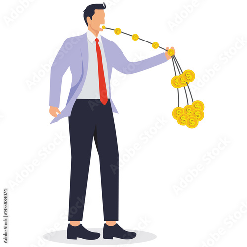 Greedy, desire for money, gain, profit or income, business kickbacks, financial crimes, businessman eating a string of gold coins held in his hand