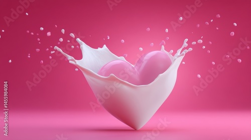 Obraz na płótnie A pink heart splashes into white liquid, creating droplets against a vibrant pink background. w salonie