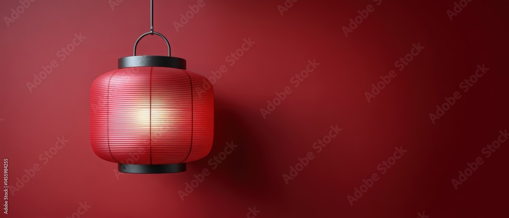 A red paper lantern hangs against a matching red wall, softly illuminating its surroundings with a warm glow.