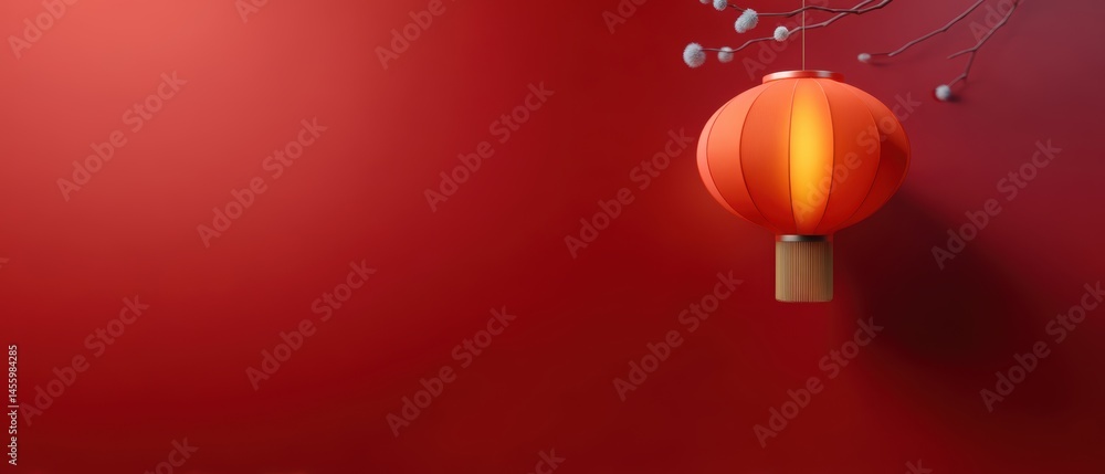 A glowing red Chinese lantern hangs from a branch against a smooth red background, symbolizing celebration and festivity.