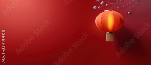 Obraz na płótnie A glowing red Chinese lantern hangs from a branch against a smooth red background, symbolizing celebration and festivity. w salonie