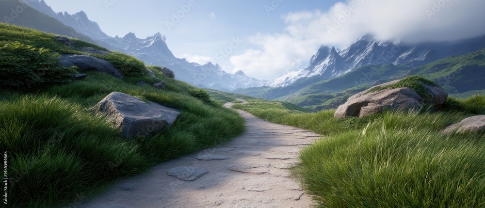 A winding stone path leads through lush green hills toward distant, snow-capped mountains under a bright blue sky with scattered clouds.