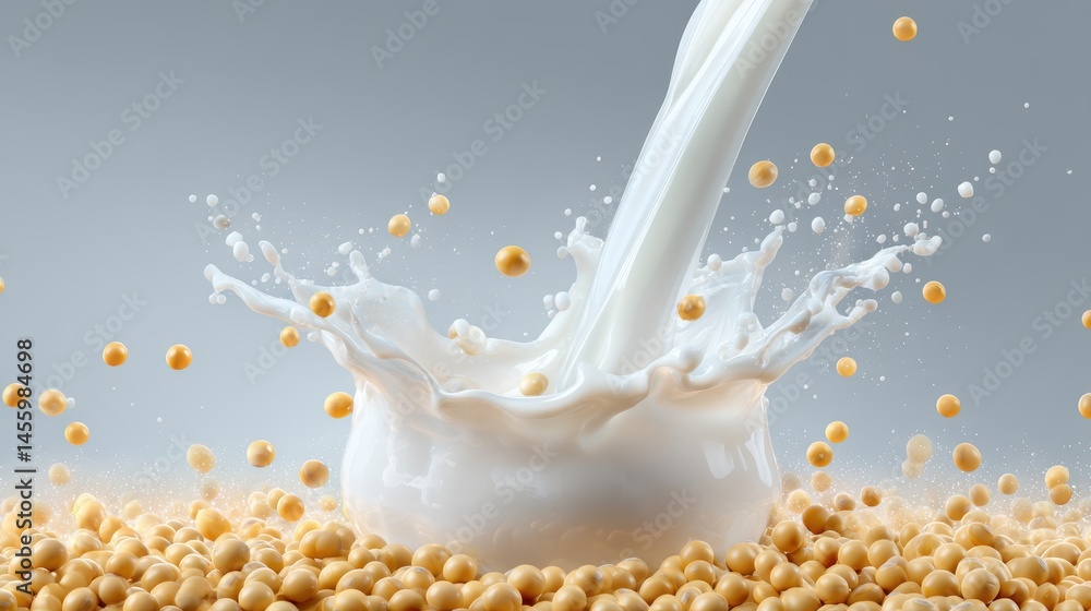 A splash of soy milk pours into a bowl surrounded by soybeans, highlighting a fresh, plant-based beverage.