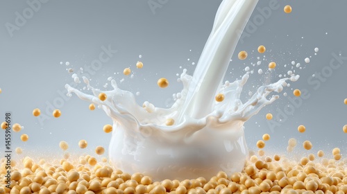 Obraz na płótnie A splash of soy milk pours into a bowl surrounded by soybeans, highlighting a fresh, plant-based beverage. w salonie