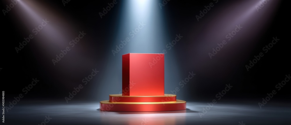 A red pedestal stands illuminated by spotlights on a dark stage, drawing attention to the central display area.