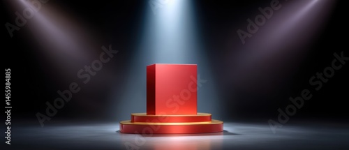Obraz na płótnie A red pedestal stands illuminated by spotlights on a dark stage, drawing attention to the central display area. w salonie
