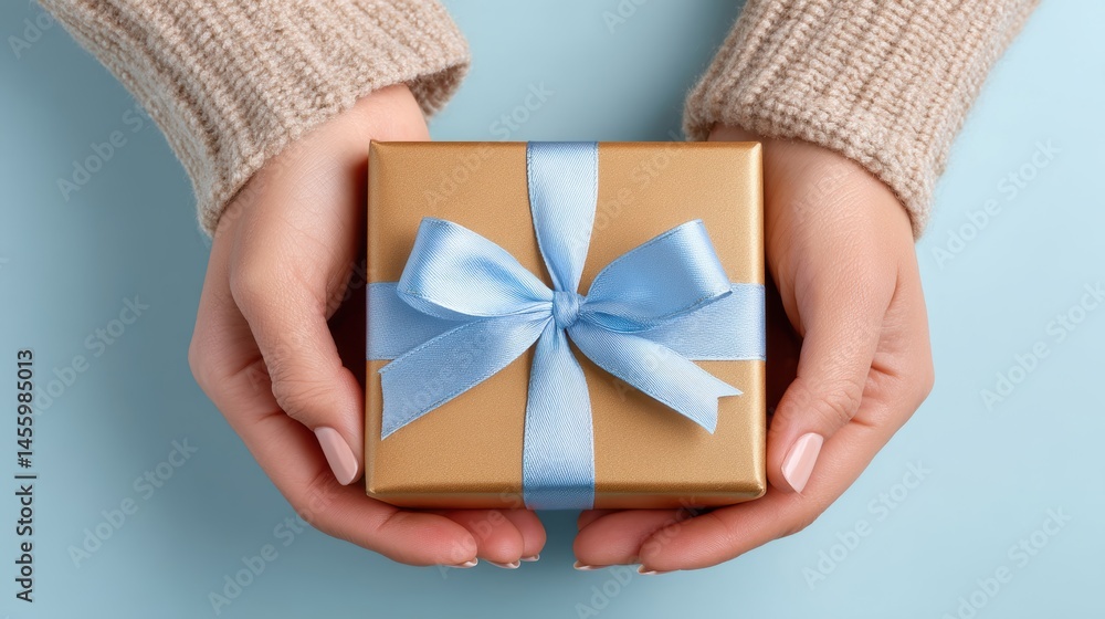 A pair of hands holds a gold gift box tied with a light blue ribbon against a light blue background.
